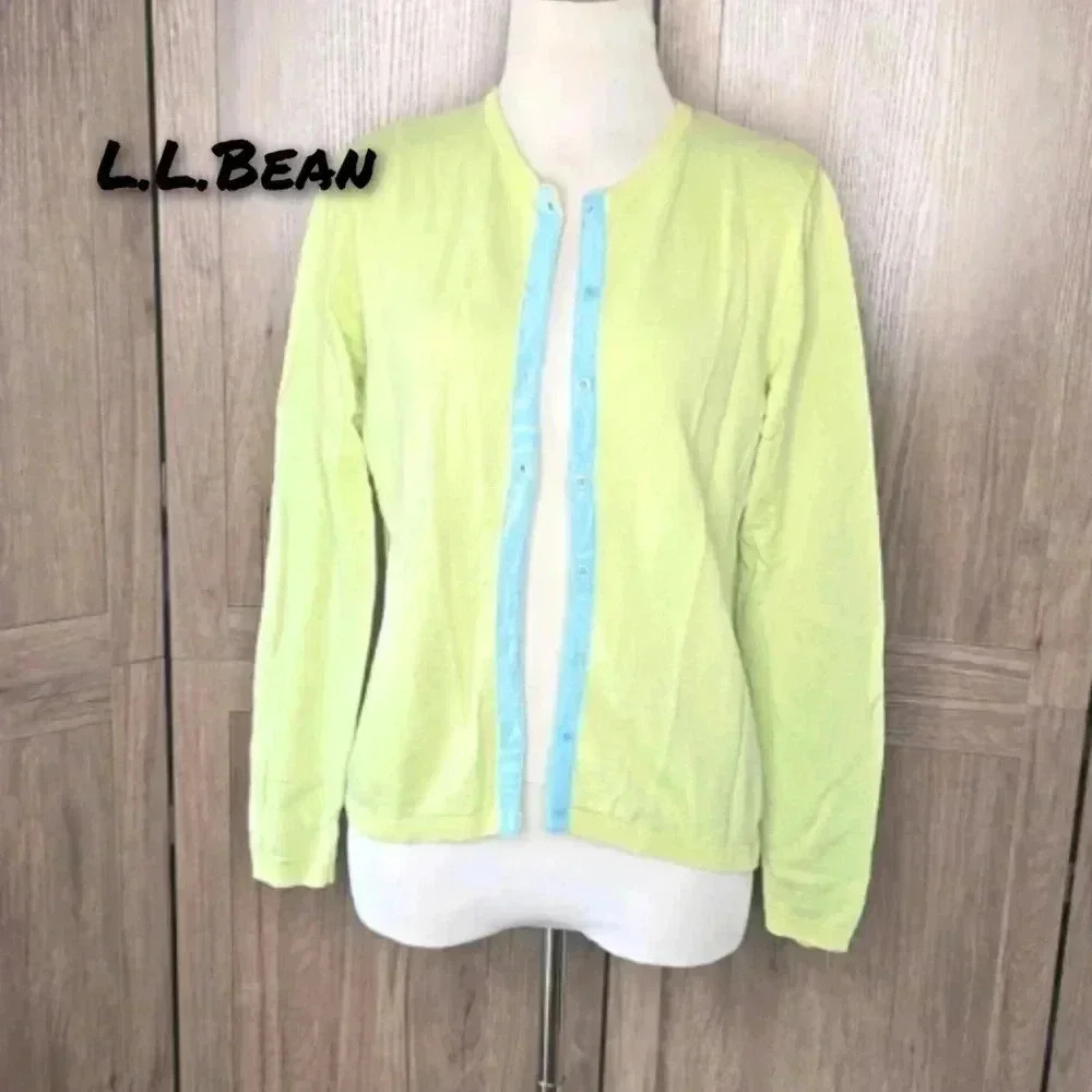 Cardigan Womens Lime Green Cardigan with Blue Trim